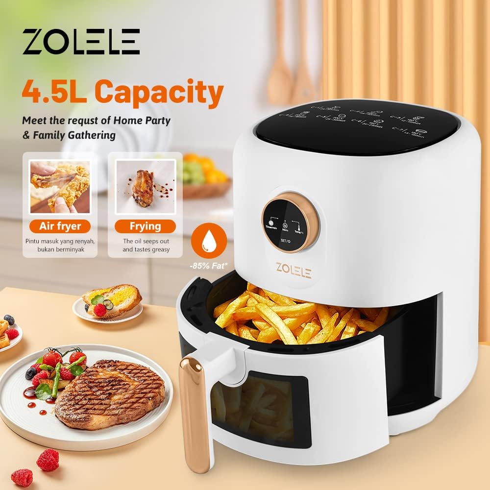 Zolele Za004 Electric Air Fryer 4.5L Capacity Non-Stick Coating Frying Basket Knob Control Temperature 80-200 Degree Celsius 4D Hot Air Circulation Pull Pan Automatic Power Off S1400W Power - Black