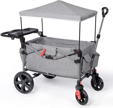 Ever Advanced Foldable Wagons For Two Kids &amp; Cargo, Collapsible Folding Stroller With Adjustable Handle Bar, Removable Canopy 5-Point Harness