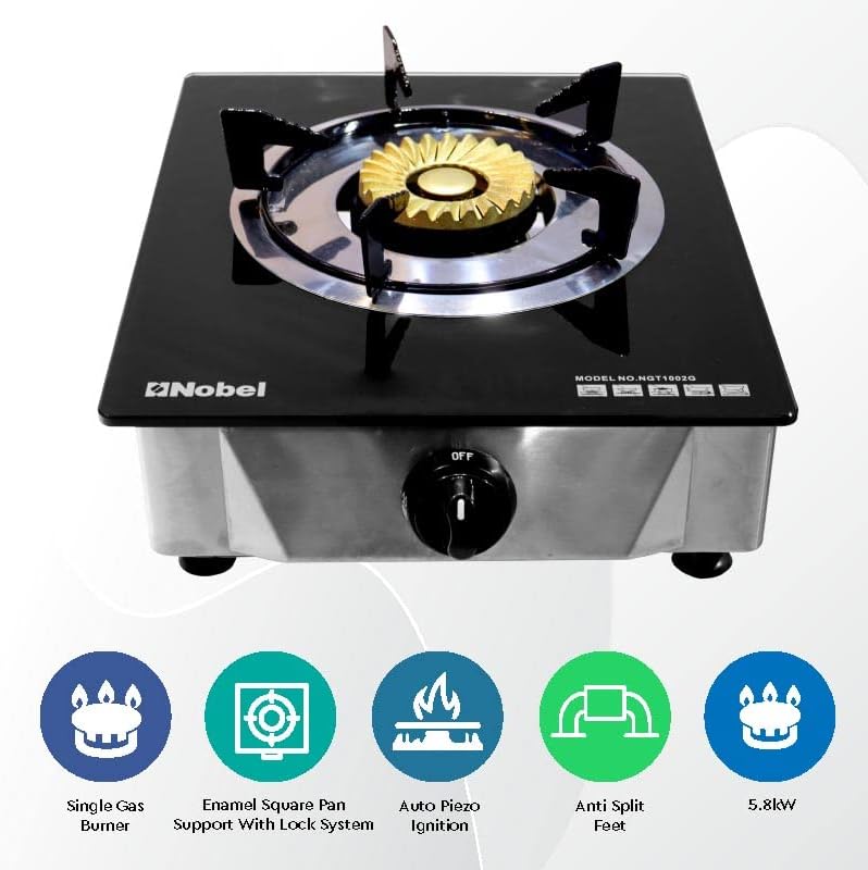 Nobel Single Gas Burner/1 Brass Burner Gas, Heavy-Duty Cast Iron Burner With Piezo Ignition And High Quality Tempered Glass Panel 320 x 410 x 160 (W x D x H) mm NGT1002G With 1 Year Warranty