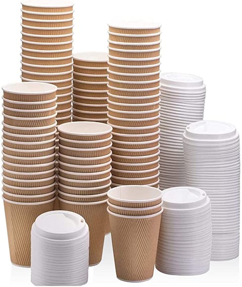 [50 Sets] 8 oz. Brown Disposable Ripple Insulated Coffee Cups with Lids - Hot Beverage Corrugated Paper Cups