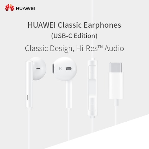 Huawei- CM33 Classic Earphones (USB-C Edition) Half In-ear Corded Headset Handsfree Hi-Res High-Resolution Audio Immersive Wired Headphone with Mic Microphone Volume Control Wind Noise Reduction