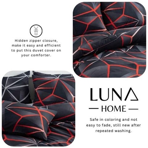 Luna Home King Size 6 Pieces, Black With Red Geometric Design Bedding Set