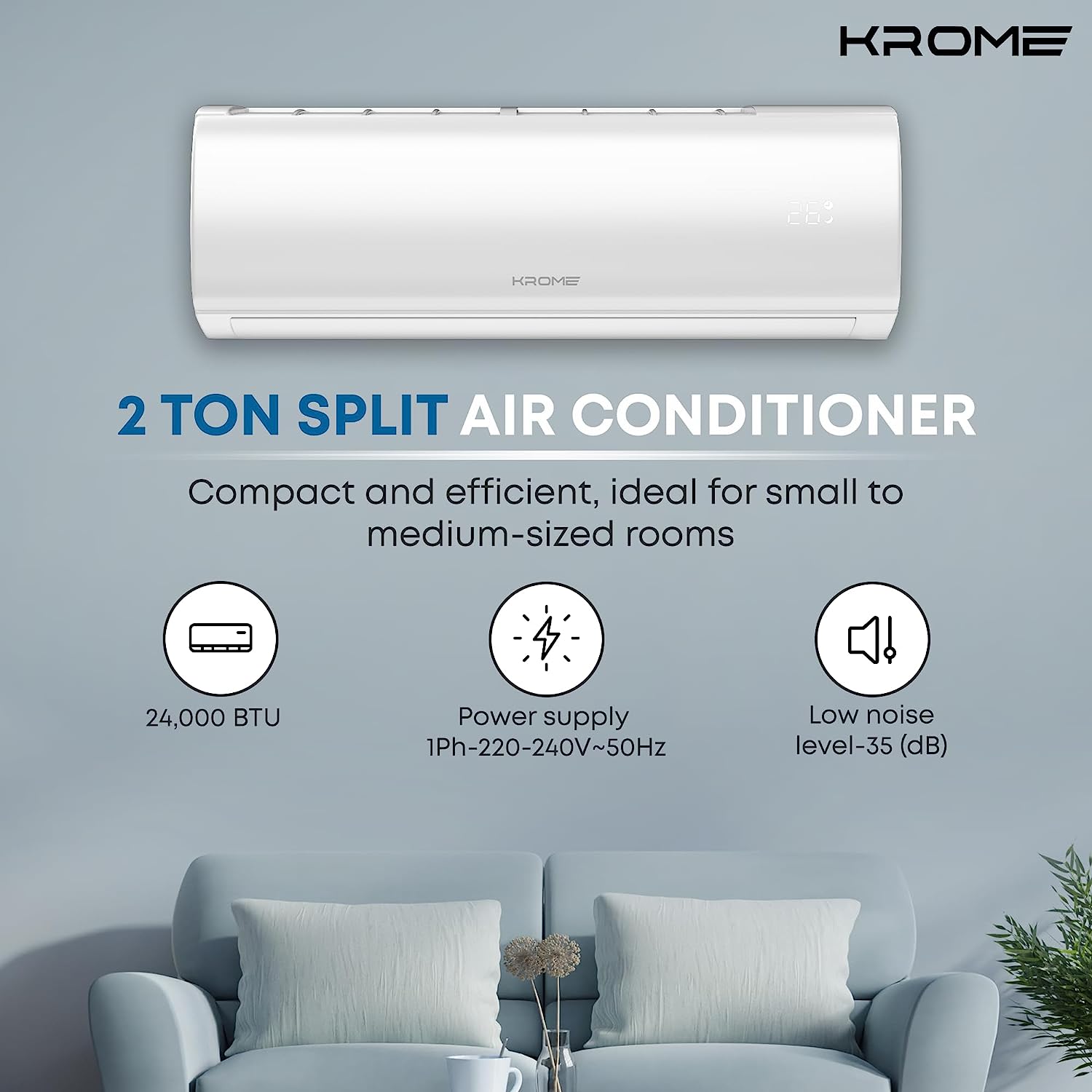 Krome 2 Ton AC, Split Air Conditioner With Advanced Rotary Compressor Technology, 24000 BTU, Low Noise, Environment Friendly R-410a, Smooth And Stable Operations, White, KR-AR24TT3