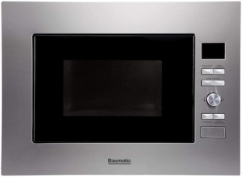 Baumatic 28 Litre Built In Microwave Oven &amp; Grill Frameless Design Black Glass &amp; Silver Model BMEMWBI28SS -2 Years Full Warranty