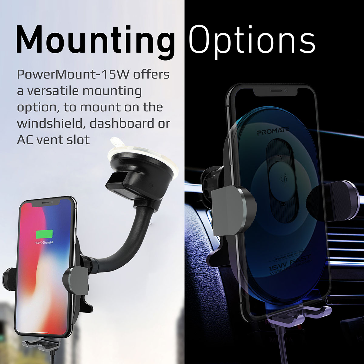 Promate Wireless Car Charger Mount, 15W Qi Fast Charging Auto-Clamping Dashboard Air Vent Phone Holder with Smart Coil Alignment, FOD Detection and Multi-Angle Support, PowerMount-15W