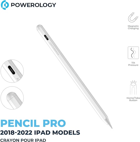 Powerology Pencil Pro With Palm Rejection, Magnetic Charging, LED Indicators, Home/Tabs Button, With Tilt Pressure Function Compatible With 2018-2022 iPad Models, 1.5mm Pin Tip - White