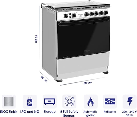 Super General Freestanding Gas-Cooker 5-Burner Full-Safety, Steel Cooker, Gas Oven With Thermostat, Rotisserie, Automatic Ignition, Silver, 75x50x90cm, SGC-801-FS