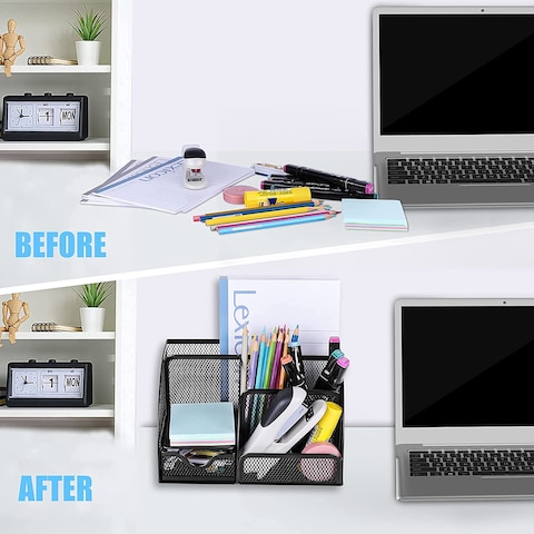 Desk Organizer, MesDesk Organizer, Mesh Multifunctional Desktop Caddy Pen Holder with 6 Compartments and 1 Drawer, Black Stationary Holder for Home, Office Supplies, School, Classroom, Workshop