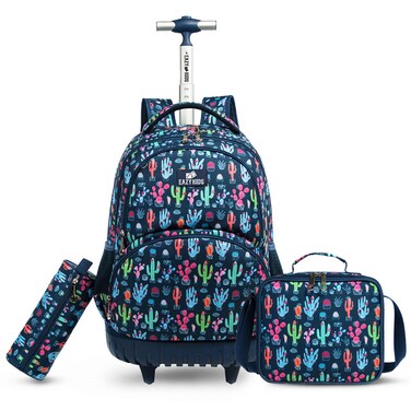 Eazy Kids - 18&quot; Set of 3 Trolley School Bag Lunch Bag &amp; Pencil Case Cacti - Blue