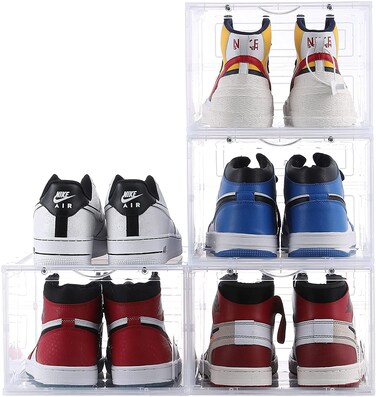 1CHASE&reg; Shoe Storage Box , Drop Front Stackable Transparent Shoe Box with Clear Door, Storage Organizer for Sneaker Display,Easy Assembly,Fits up to UK Size 44(13.4&rdquo;x 9.8&rdquo;x 7.4&rdquo;) 4Pcs Set