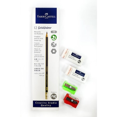 Faber-Castell Goldfaber HB Graphite Pencils Black 12 PCS with Eraser White 2 PCS and Sharpener 2 PCS