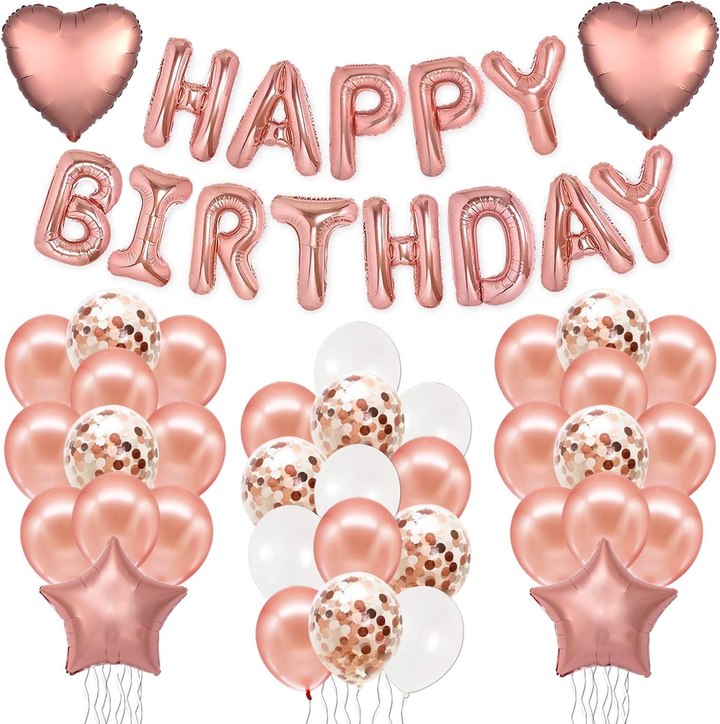 Party Time Rose Gold Happy Birthday Balloons Set - Large, Pack of 39 I Rose Gold Happy Birthday Letter Balloons I Star and Heart Foil Balloons I Rose Gold Latex and Confetti Balloons