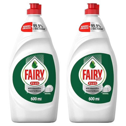 Fairy Plus Original Dishwashing Liquid Soap with alternative power to bleach 600ml Pack of 2