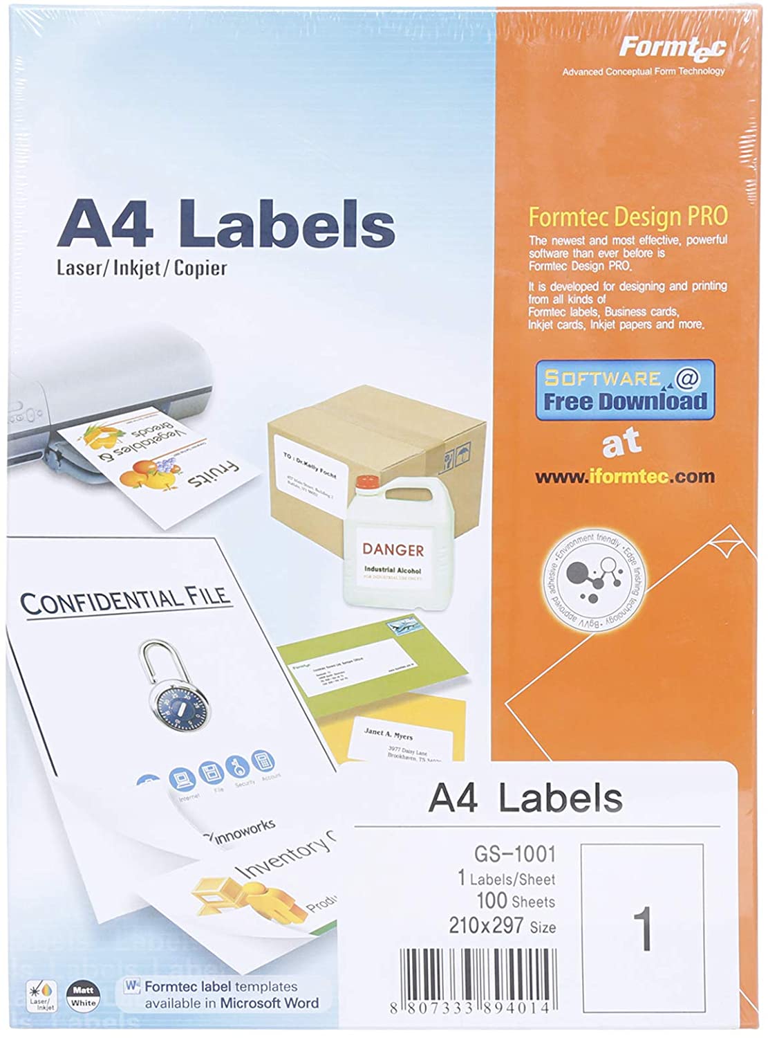 Generic Formtec A4 Labels, 1 Lable Per Sheet, 100 Sheet Box