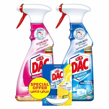 DAC Multi-Purpose Cleaner Trigger Spray Lemon Fresh 500ml With Bathroom Cleaner Trigger Spray Ocean Breeze 500ml And Duo Active Toilet Rim Block Lemon 50g