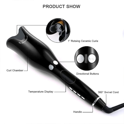 Automatic Hair Curler Portable Ceramic 1 Inch Curling Iron Wand For All Hair Types LCD Digital Display,Black