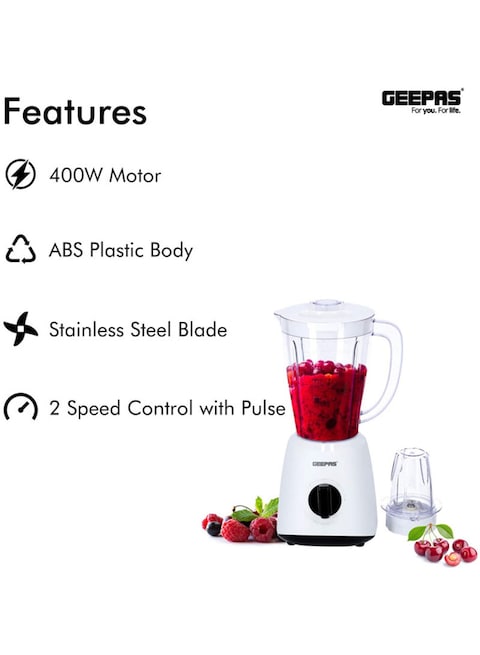 Geepas 2-In-1 Multifunctional Blender 400W Gsb44027 White/Clear/Black