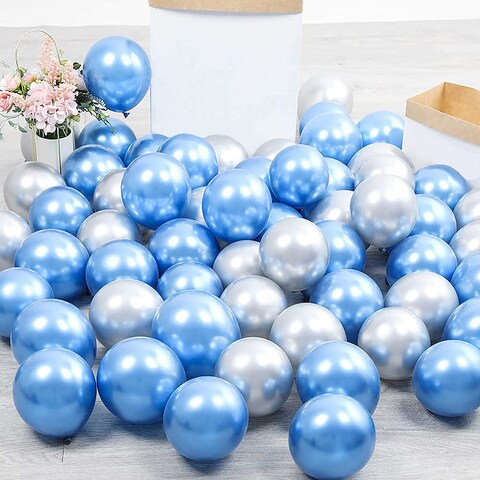 Party Time 50-Pieces 12&quot; Blue and SIlver Chrome Balloons, Shiny Metallic Balloons, High-Quality Latex Balloons Set For Wedding D&eacute;cor, Bridal Shower, Birthday Party Decorations - Party Supplies