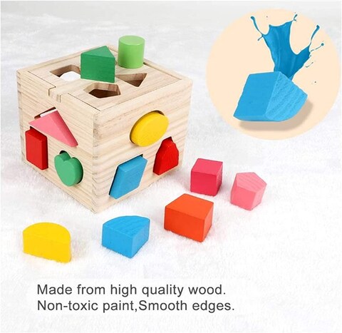 Wooden Shape Sorting Cube Toys with 13 Colorful Wood Geometric Shape Blocks and Sorter Box,Learning Matching Game for Toddlers,Preschool Educational Learning Toy for Kids