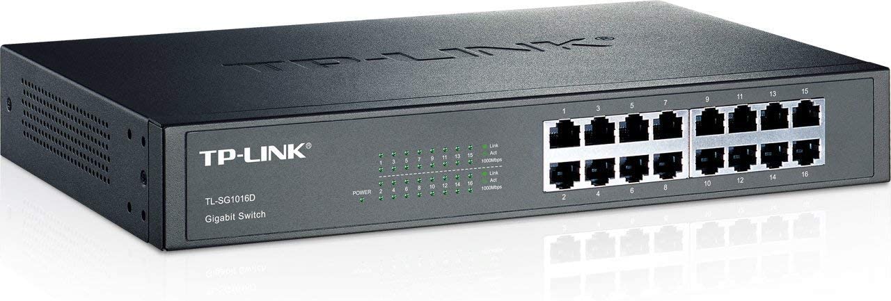 TP-Link 16-Port Gigabit Ethernet Unmanaged Switch, Plug and Play, Metal, Desktop/Rackmount, Fanless, Limited Lifetime - TL-SG1016D