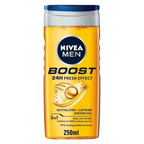 NIVEA MEN 3in1 Shower Gel Body Wash Boost 24h Energy Caffeine and Biodegradable Formula 250ml