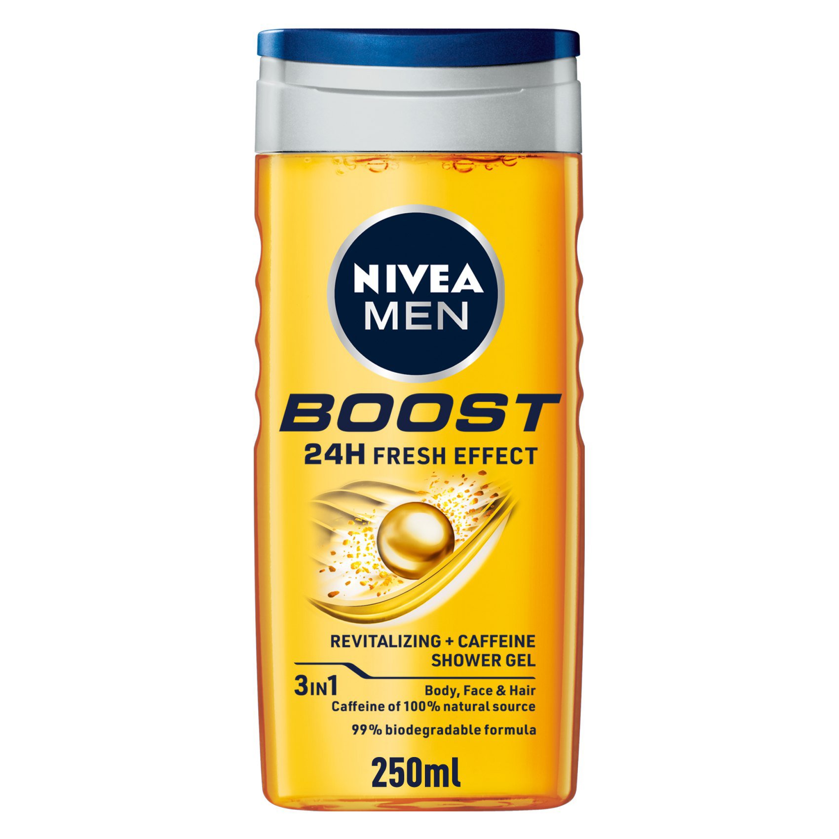 NIVEA MEN 3in1 Shower Gel Body Wash Boost 24h Energy Caffeine and Biodegradable Formula 250ml