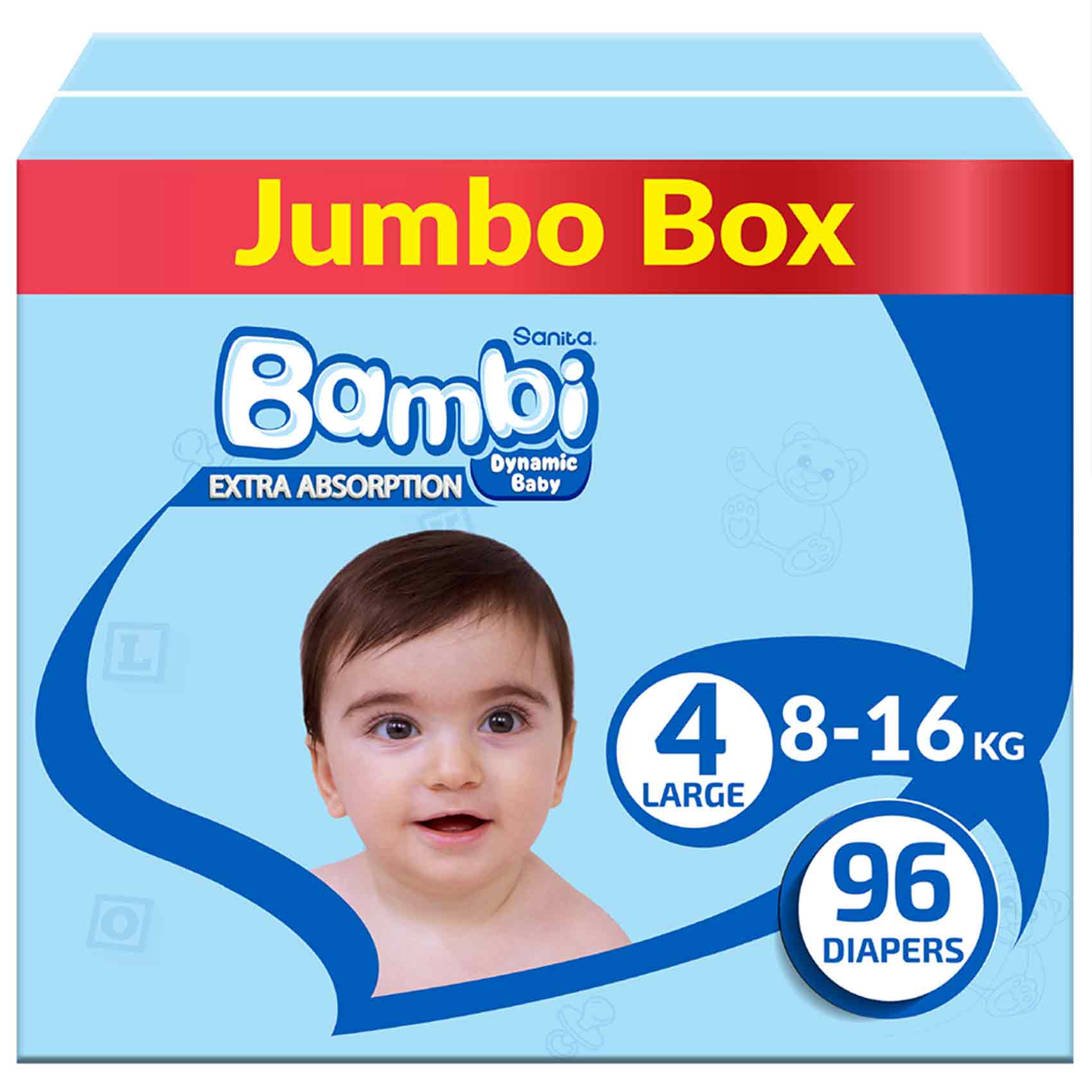 Sanita Bambi Baby Diapers Jumbo Box Size 4 Large 8-16 KG 96 Count