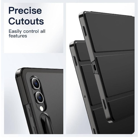 For Samsung Galaxy Tab S9 Plus 12.4-Inch, Translucent Back Tri-Fold Stand Protective Tablet Case Cover, Support S Pen Charging Auto Wake/Sleep Black