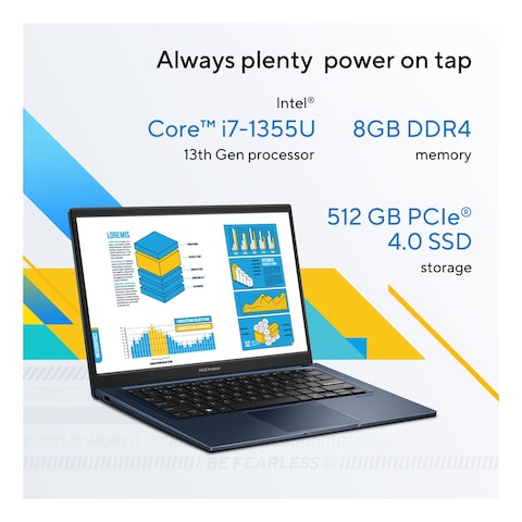 ASUS Vivobook 14 X1404VA-EB214W, Intel Core i7-1355U, 8GB RAM, 512GB SSD, 14-inch, Windows 11 Home, Quiet Blue, English/Arabic