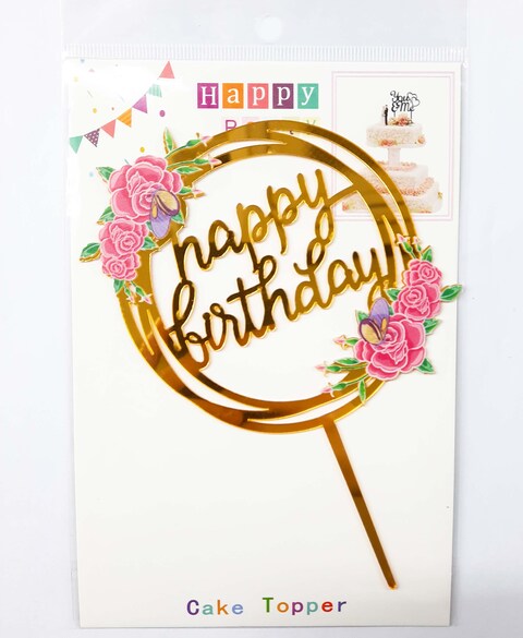Party Time Round Floral Design Acrylic Golden Color Happy Birthday Cake Topper for Birthday Decoration/Happy Birthday Cake Decoration Item - Cake Topper