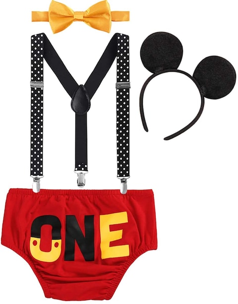 Fymnsi Baby Boys 1st Birthday Cake Smash Costume Photo Props 4Pcs Outfits Suspender Bloomers Bowtie Headband