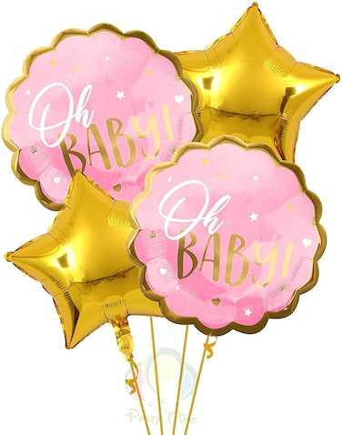 Party Time 4-Pieces 22inch Pink Oh Baby Foil Balloon and Gold Star Foil Balloon For Baby Shower Party Decoration - Baptismal, Baby Shower Balloon, Gender Reveal Party Decoration Supplies
