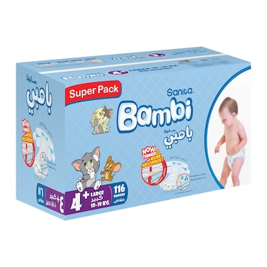 سانيتا بامبي حفاضات أطفال مقاس 4+ كبير من 11 إلى 18 كغ عبوة كبيرة من 116 - أبيض