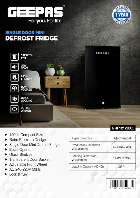 Geepas Single Door Mini Defrost Refrigerator-GRF1212BXE Mini Fridge in Retro Design Low Noise and Low Voltage Quick Cooling Easy Cleaning Black 1 Year Warranty