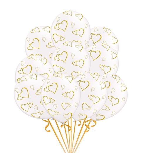 Party Time 12-Pieces 12inch Gold Hearts Design White Latex Balloon Valentine&#39;s Day Balloon - Wedding Engagement Happy Valentine&#39;s Day Decoration Set