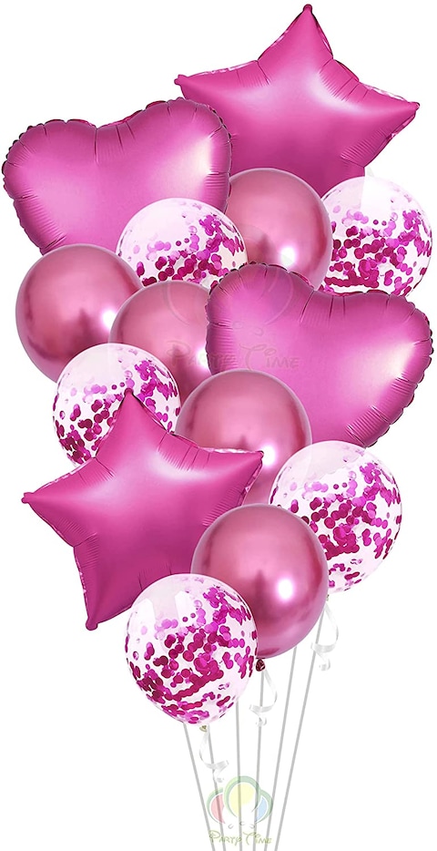 Party Time 14-Pieces Dark Pink Decoration Balloons Set with Heart and Star Foil Balloons, Chrome Balloons &amp; Confetti Balloons For Bridal Shower, Wedding, Birthday Party Decoration Supplies