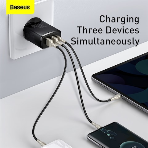 Baseus 30W USB C PD Fast Charger 1 Port Type-C and Dual Port QC3.0 Quick Wall Adapter EU Plug Black