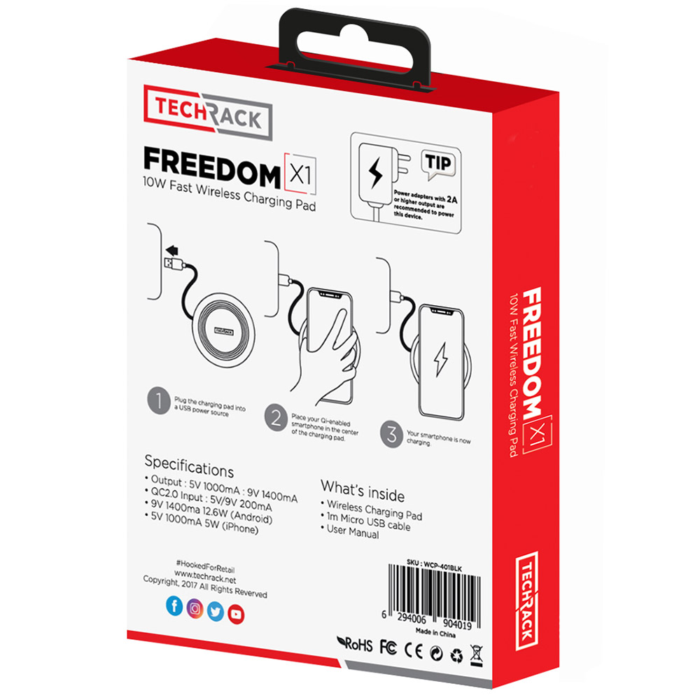 TechRack Freedom X1 10W Fast Qi Universal Wireless Charging Pad - Black
