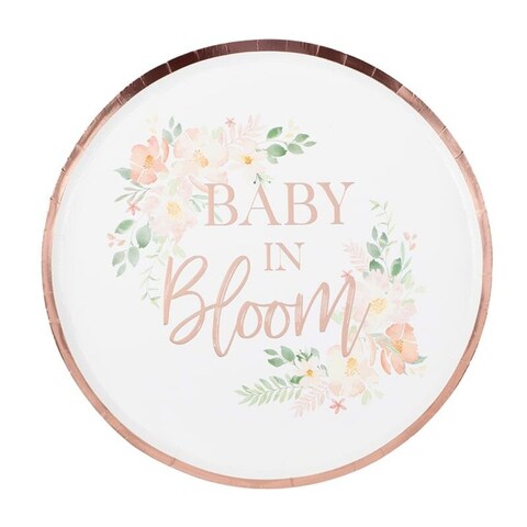 Ginger Ray Baby In Bloom Foiled Baby Shower Floral Plate- 24.5 cm Diameter- White