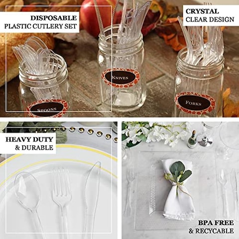 [50 Pack] Clear Plastic Cutlery Set with Napkin - Knife Fork Spoon Napkin Set -Disposable Cutlery Set