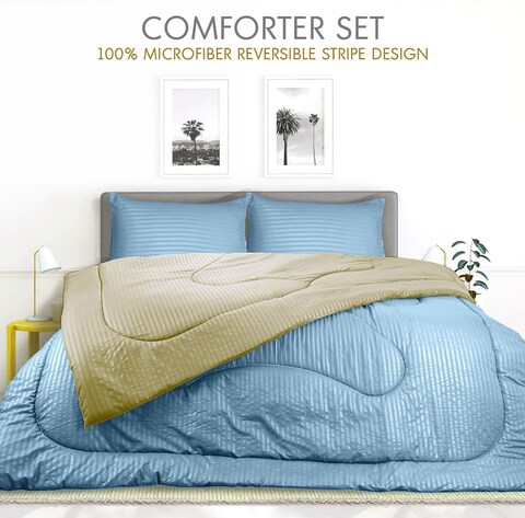 Hotel Linen Klub Reversible Down Alternative Comforter Set, Ultra Soft Brushed Stripe Microfiber Fabric, 200GSM Soft Fibersheet Filling, Size: King 240 x 260cm, Aqua &amp; Olive