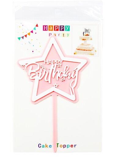 Party Time 16cm Acrylic Star Happy Birthday Cake Topper Birthday Party Cake Supplies Decorations - Pastel Pink &amp; White