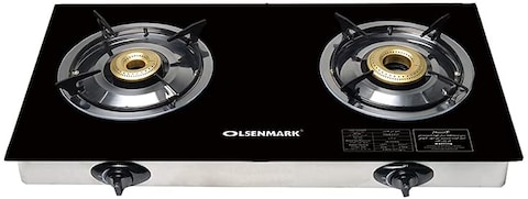 Olsenmark - OMK2317 Tempered Glass Double Burner Gas Stove - Auto Ignition - Stainless-Steel Drip Pan - Cast Iron Pan Burner