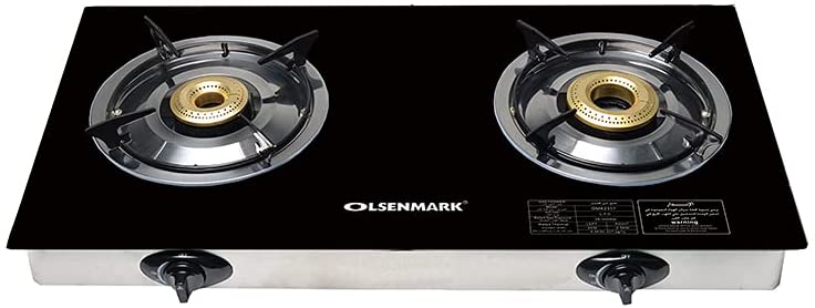 Olsenmark - OMK2317 Tempered Glass Double Burner Gas Stove - Auto Ignition - Stainless-Steel Drip Pan - Cast Iron Pan Burner