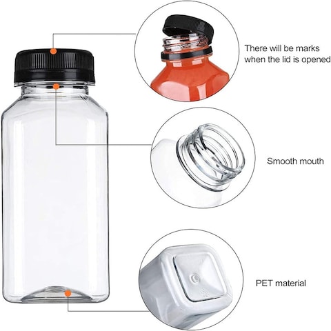 Lavish 250 ml Empty Containers Transparent Plastic Square Bottles With Lids, For Juice Milk Fruit Juice And Many More [12 Units]