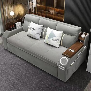 Extendable 2 in 1 Sofa Bed with Side Pockets,  Bottom and Side Storage, USB Ports, Bluetooth and Speaker Size 150 cm Outside color Light Gray