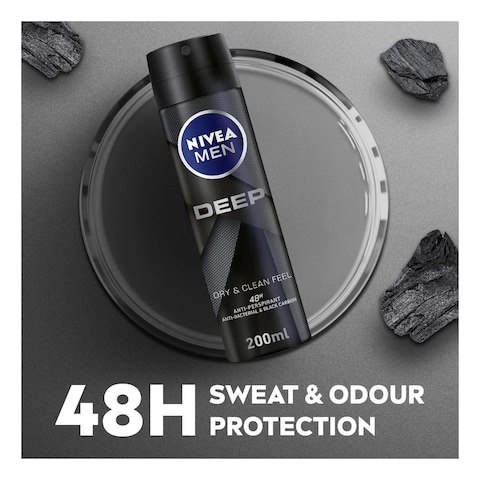 NIVEA MEN Antiperspirant Spray for Men Deep Black Carbon Antibacterial Dark Wood Scent 200ml