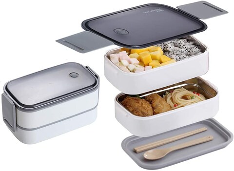 Bento Lunch Box 1400ml, Leak-proof, On the Go Meal with Spoon and Chopsticks, White