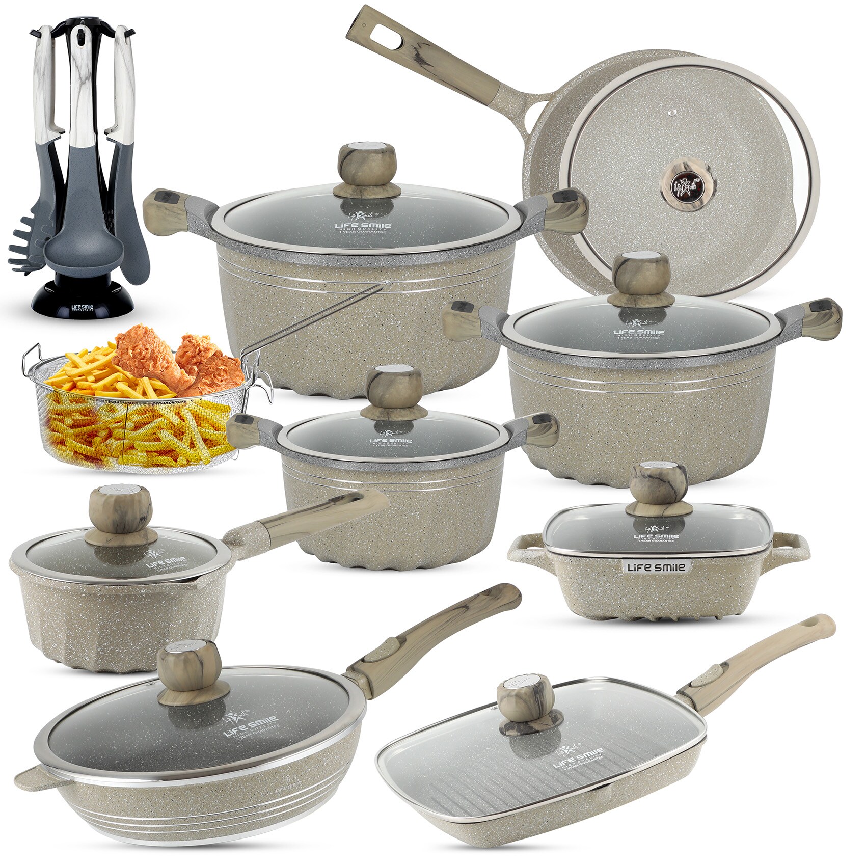 Buy Life Smile Premium 24-Piece Nonstick Granite Cookware Set: Pfoa ...