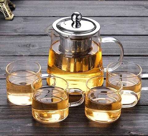 Clear Round Glass Teapot Set of 5 Borosilicate Leaf Tea Coffee Pot with Strainer 950ml with 4 Cups 100ml each